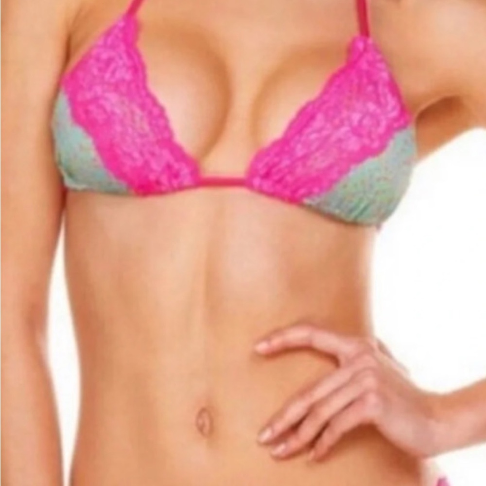 Beach Bunny Pink and Green Bikini Top with Lace Overlay